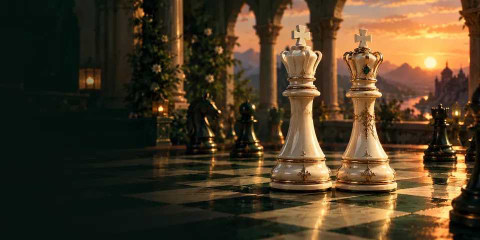 Chess pieces on a marble board at sunset