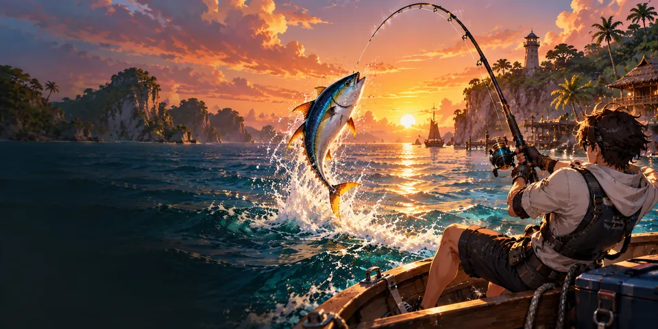 An angler reeling in a fish at sunset in Lucky Catch