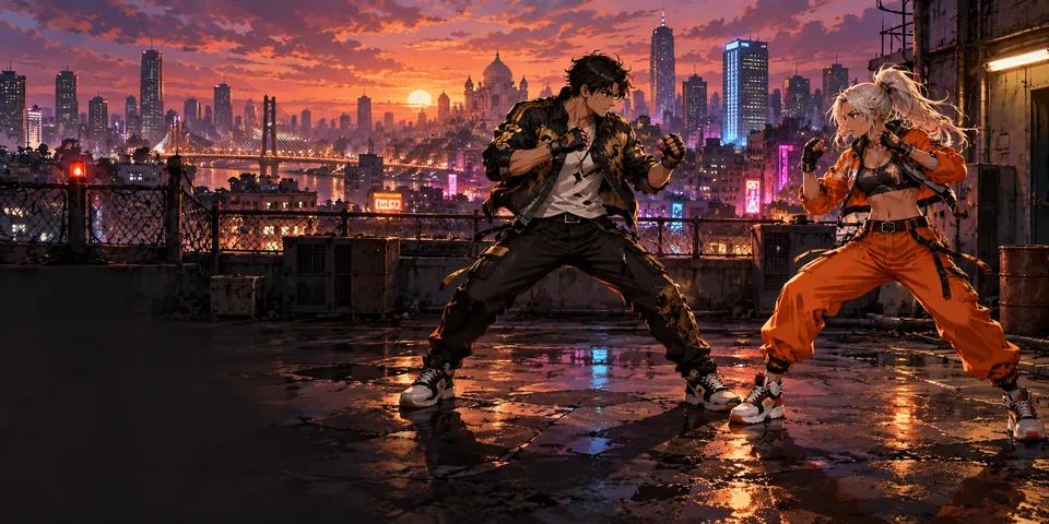 Two fighters facing off on a rooftop at dusk in Street Clash