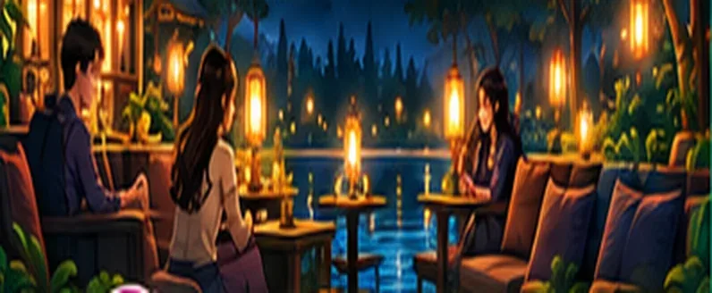 Friends talking in a candle-lit lounge by a lake at night